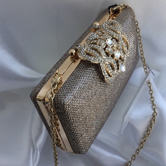 Gold Crystal Closure Box Clutch